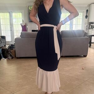 DKNY Navy and Cream Midi Dress